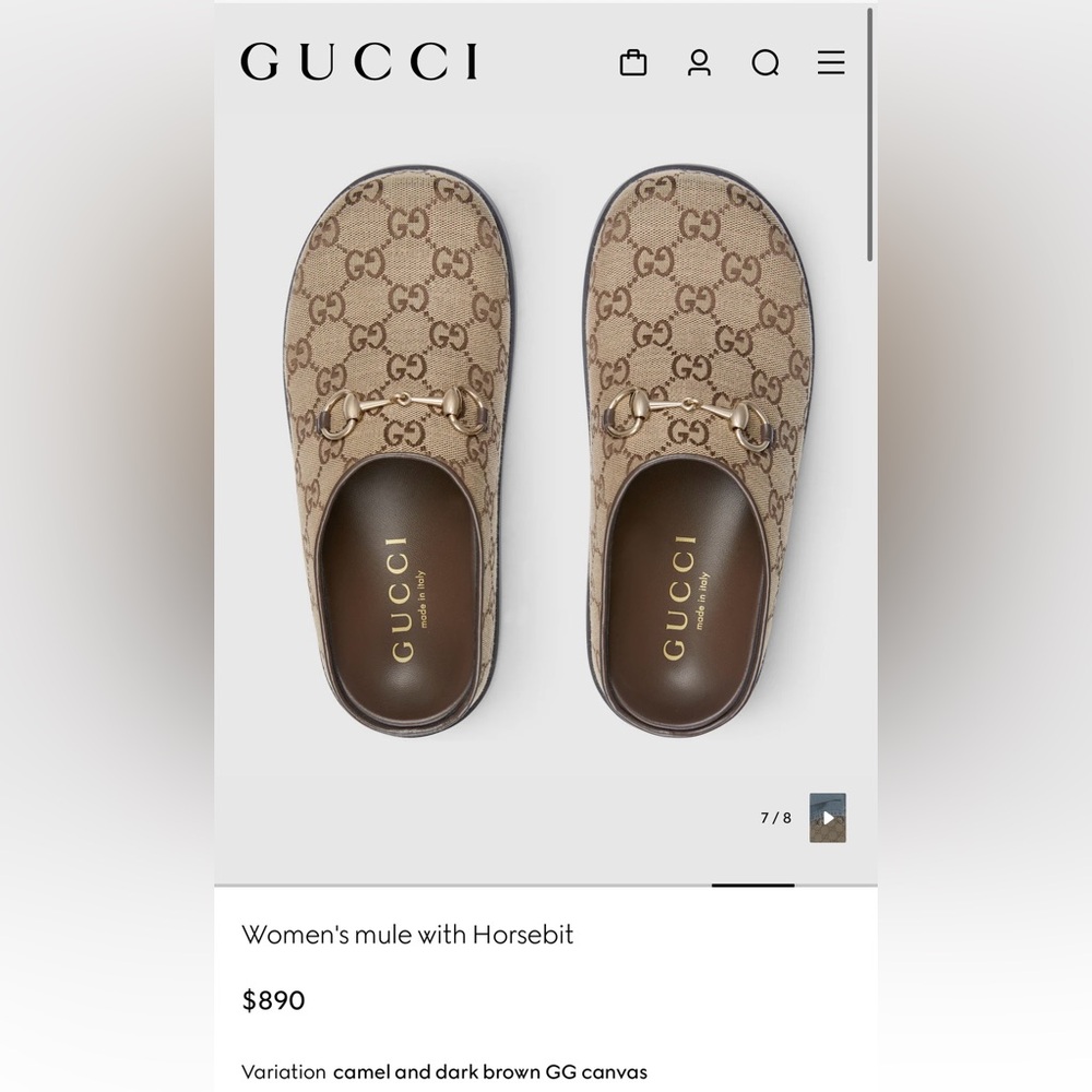 NWT Gucci - Horsebit canvas mule, size 37 (US7), in camel/dark brown canvas